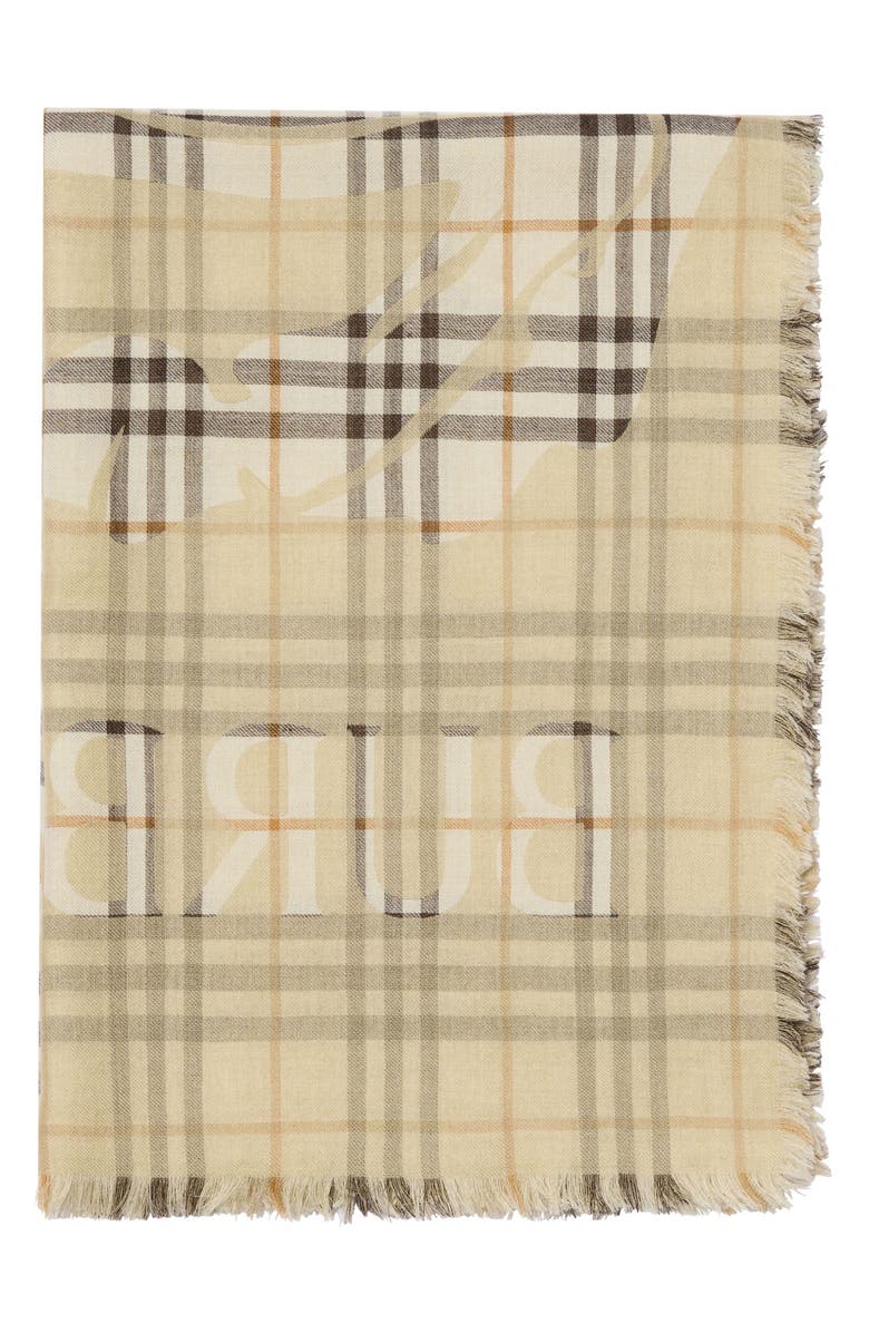 Burberry Wide EKD Check Wool & Silk Fringe Scarf, Alternate, color, Pebble White