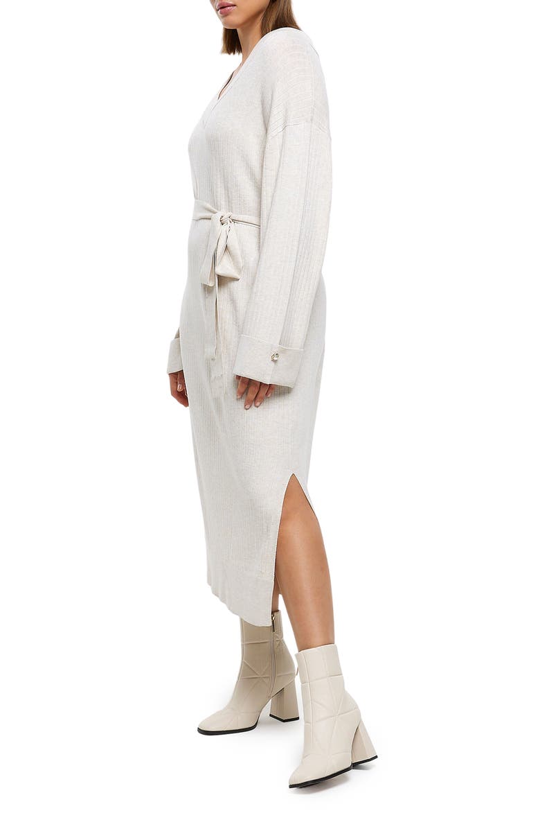 River Island Tie Waist Long Sleeve Rib Midi Sweater Dress, Alternate, color, 