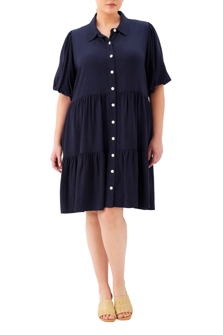 Tiered Puff Sleeve Shirtdress, Main, color, NAVY
