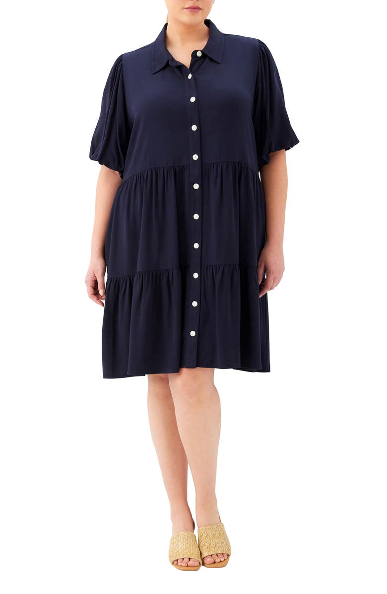 Karen Kane Tiered Puff Sleeve Shirtdress, Main, color, Navy