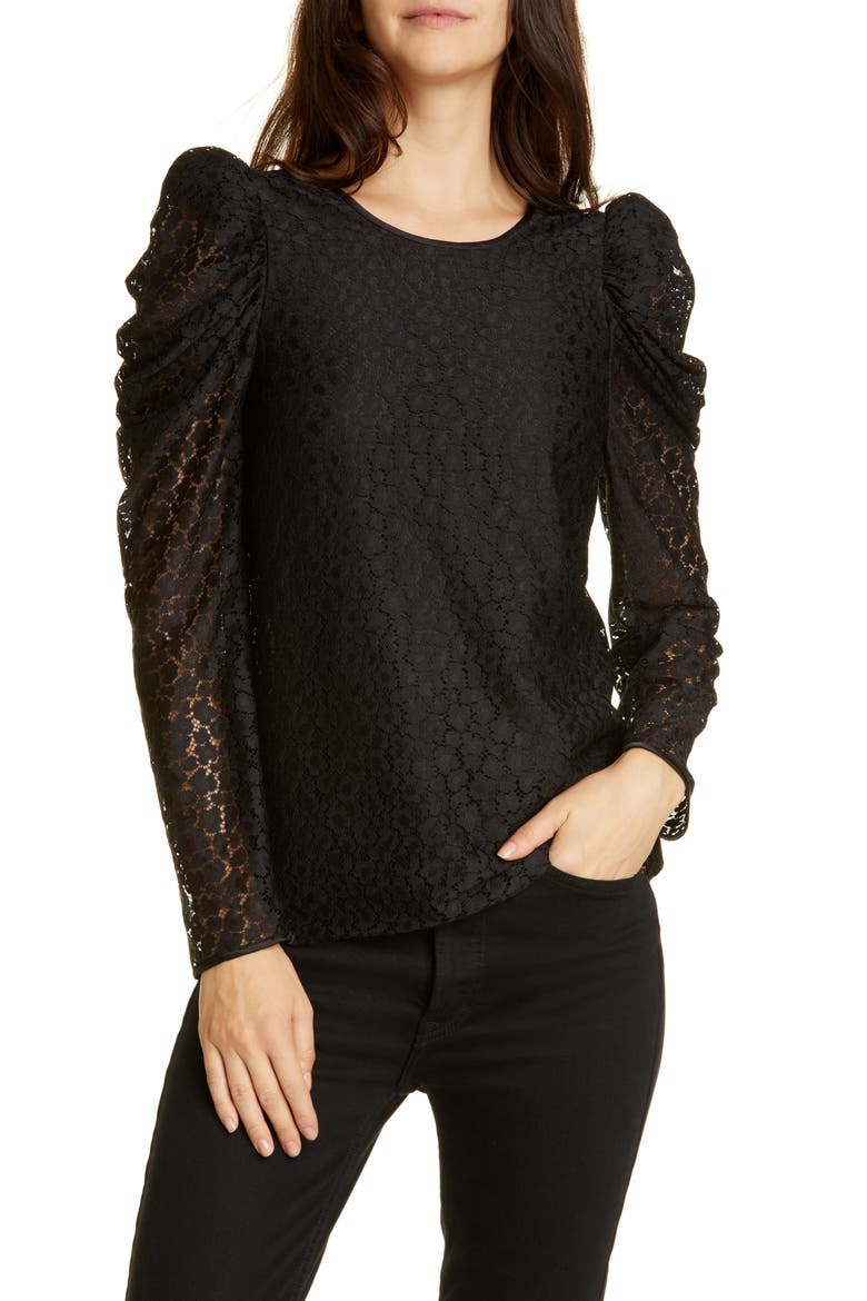 flora leopard lace puff long sleeve blouse, Main, color, BLACK