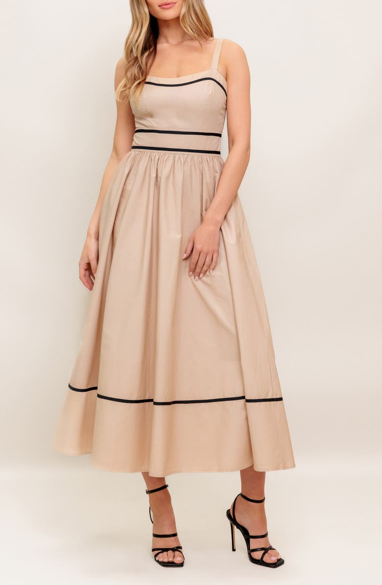 FLYING TOMATO Contrast Stripe Cotton Fit & Flare Maxi Sundress, Alternate, color, Taupe Black
