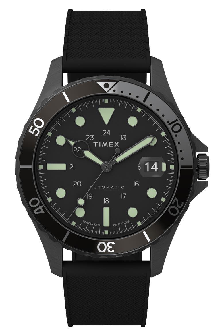 Navi XL Automatic Synthetic Rubber Strap Watch, 41mm, Main, color, BLACK