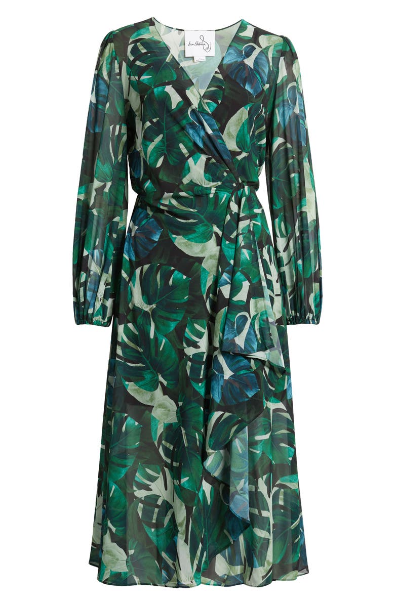 Sam Edelman Monstera Print Long Sleeve Midi Wrap Dress, Alternate, color, 