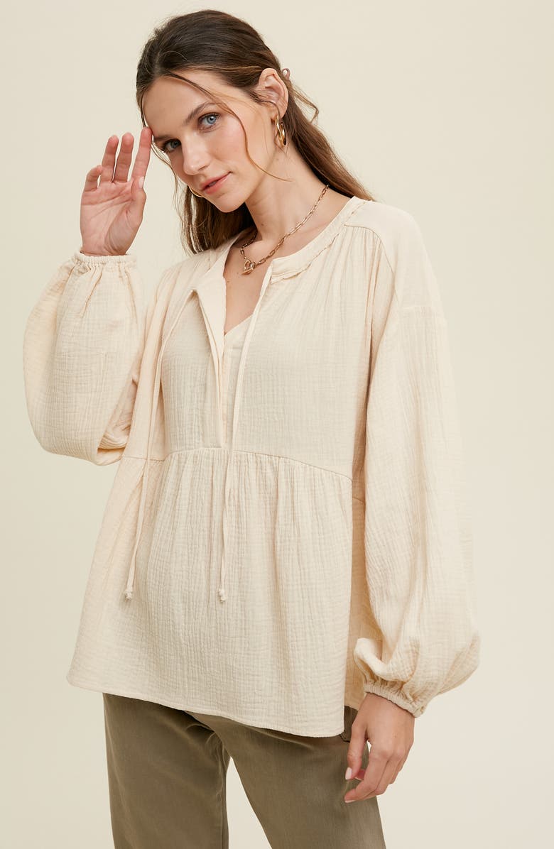 WISHLIST Long Sleeve Cotton Gauze Peplum Top, Alternate, color, Natural