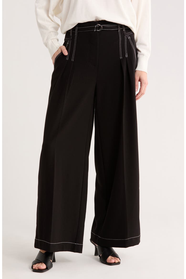 Topstitch Paperbag Pants, Main, color, BLACK/ IVORY