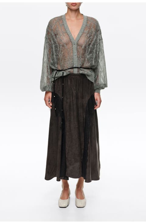 Fluid Midi Skirt with Lace Trim