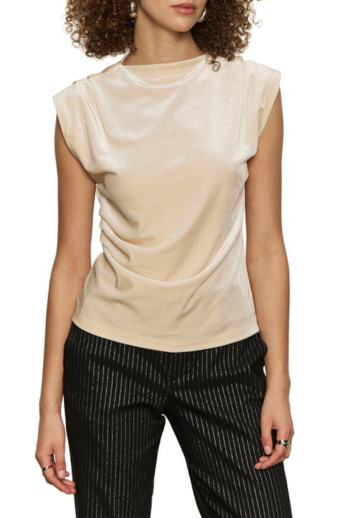 Pleated Sleeve Side Ruched Velvet Top