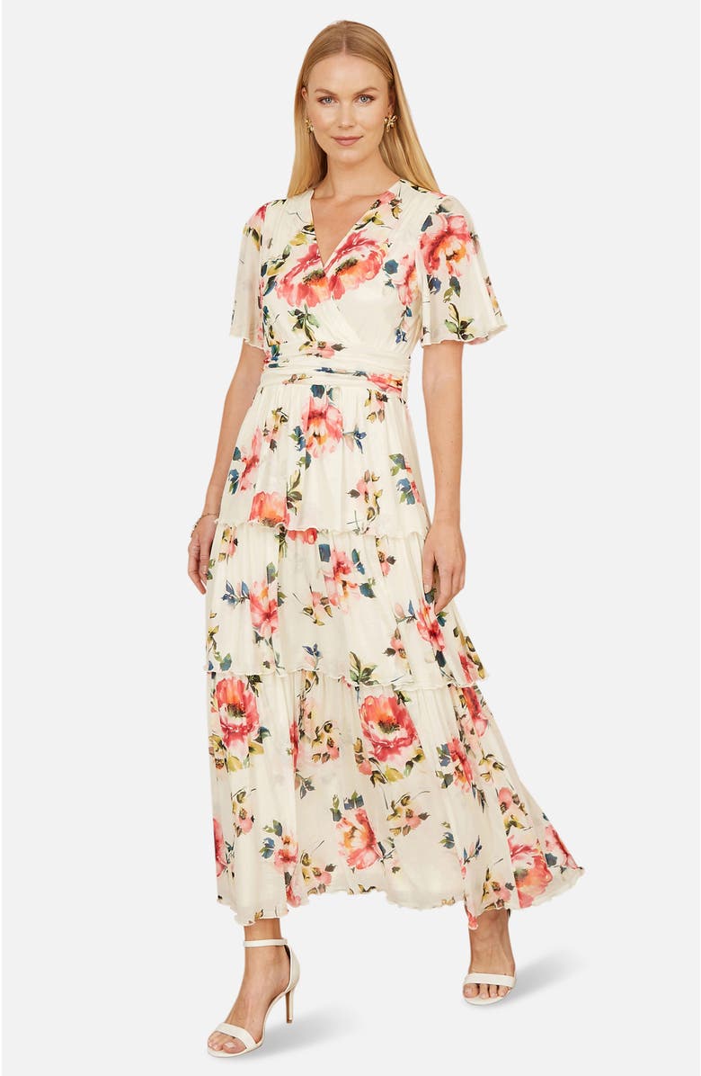 Yumi Floral Mesh Tiered Maxi Dress, Alternate, color, Ivory