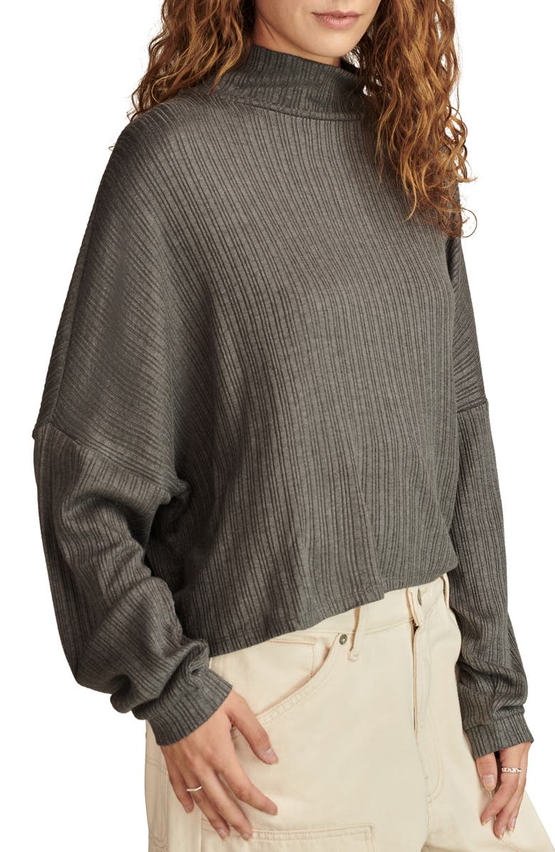 Lucky Brand Cloud Mock Neck Rib Top, Alternate, color, Charcoal Heather
