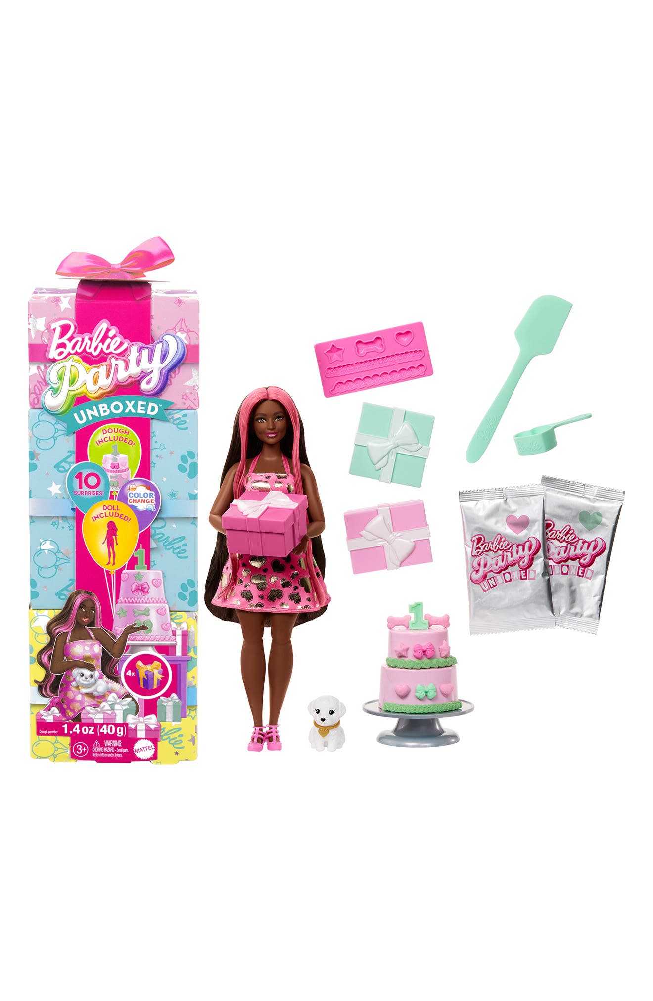 Barbie Party Unboxed Pet Birthday Series Doll & Accessories with 10 Surprises