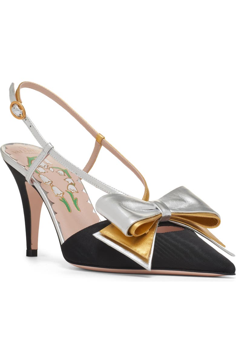 Valentino Garavani Bowow Pointed Toe Slingback Pump, Main, color, Black/ Silver