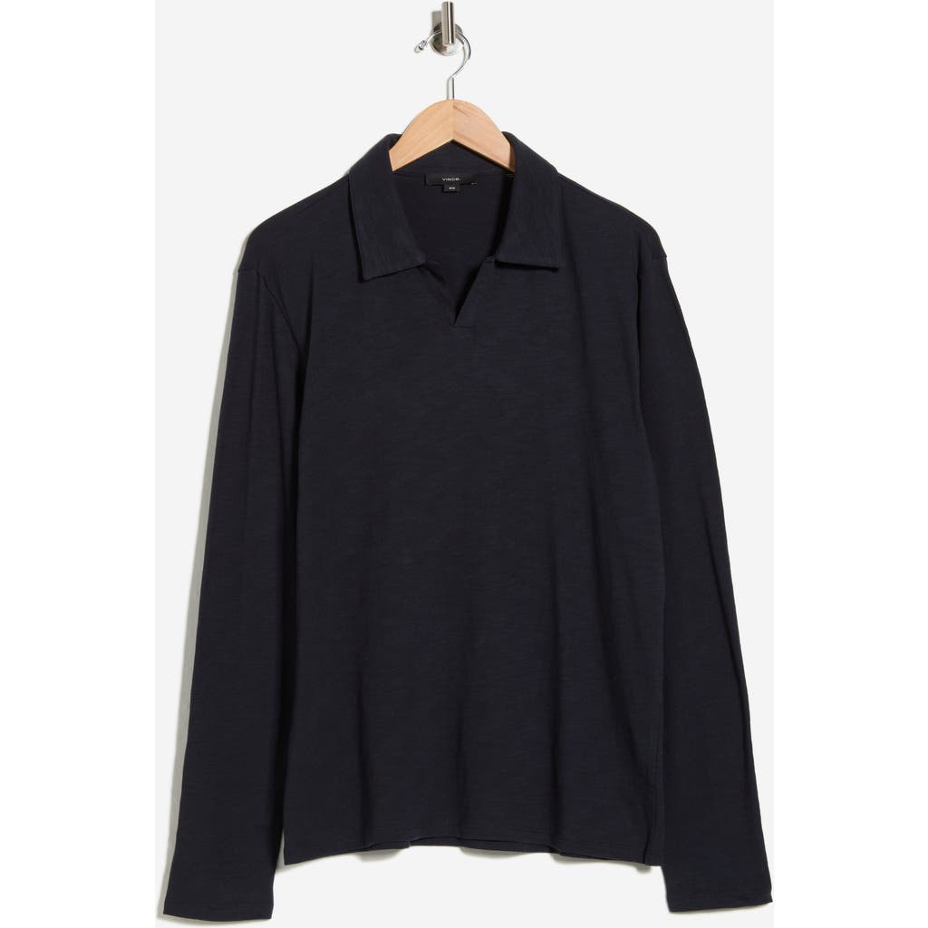 Vince Johnny Collar Long Sleeve Knit Top In Blue