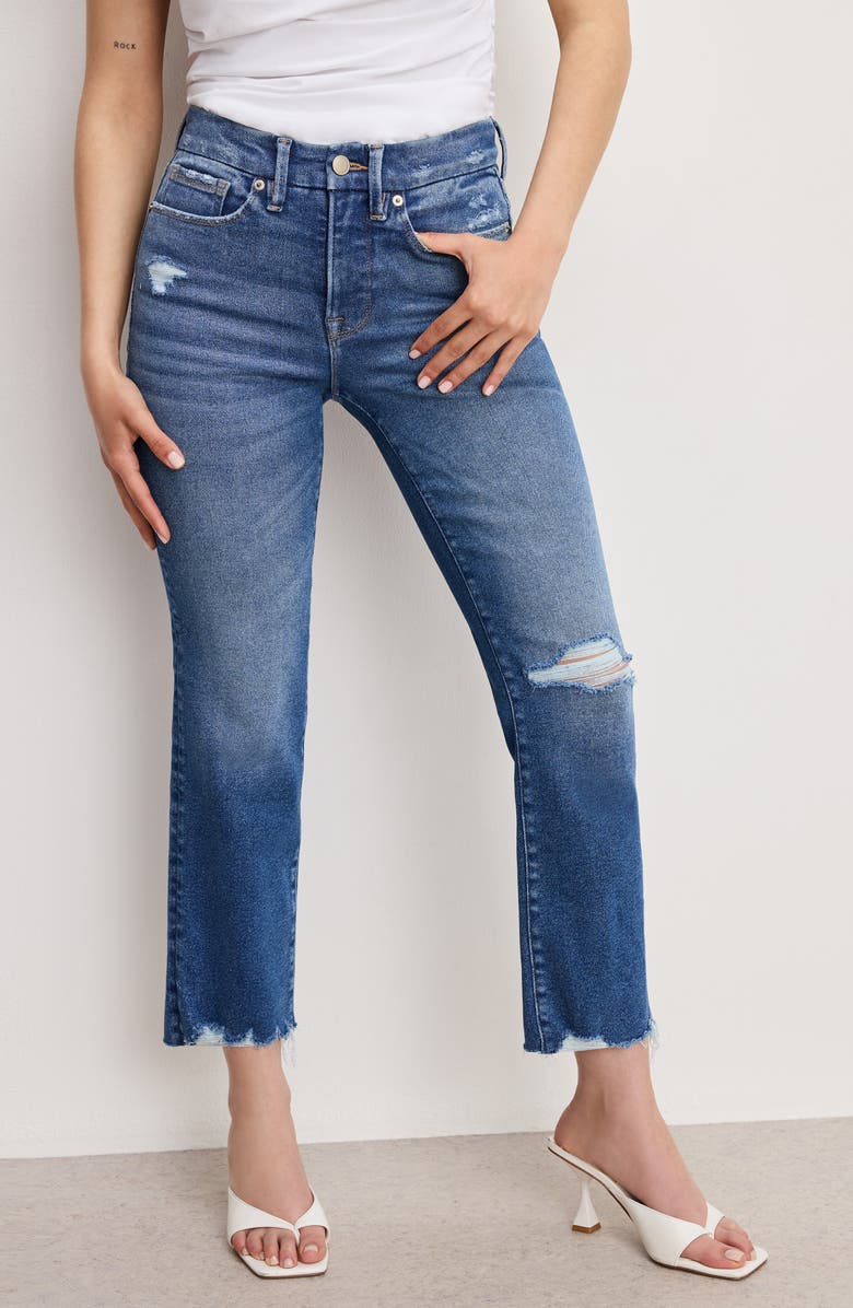 Good American Good Petite Distressed Crop Straight Leg Jeans, Alternate, color, Indigo943