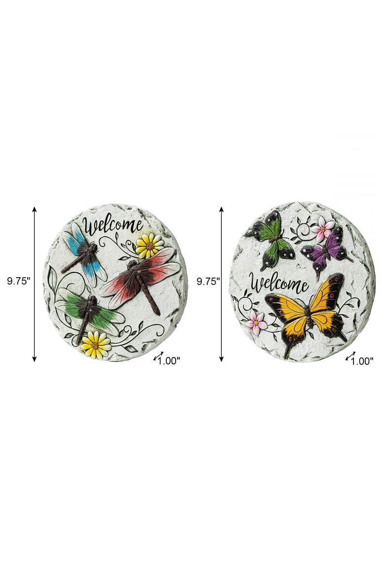 Set of 2 Cement Stepping Stones with Fluttering Butterflies and Dragonflies Pattern, Alternate, color, White
