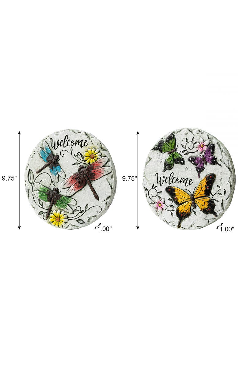 Glitzhome Set of 2 Cement Stepping Stones with Fluttering Butterflies and Dragonflies Pattern, Alternate, color, White