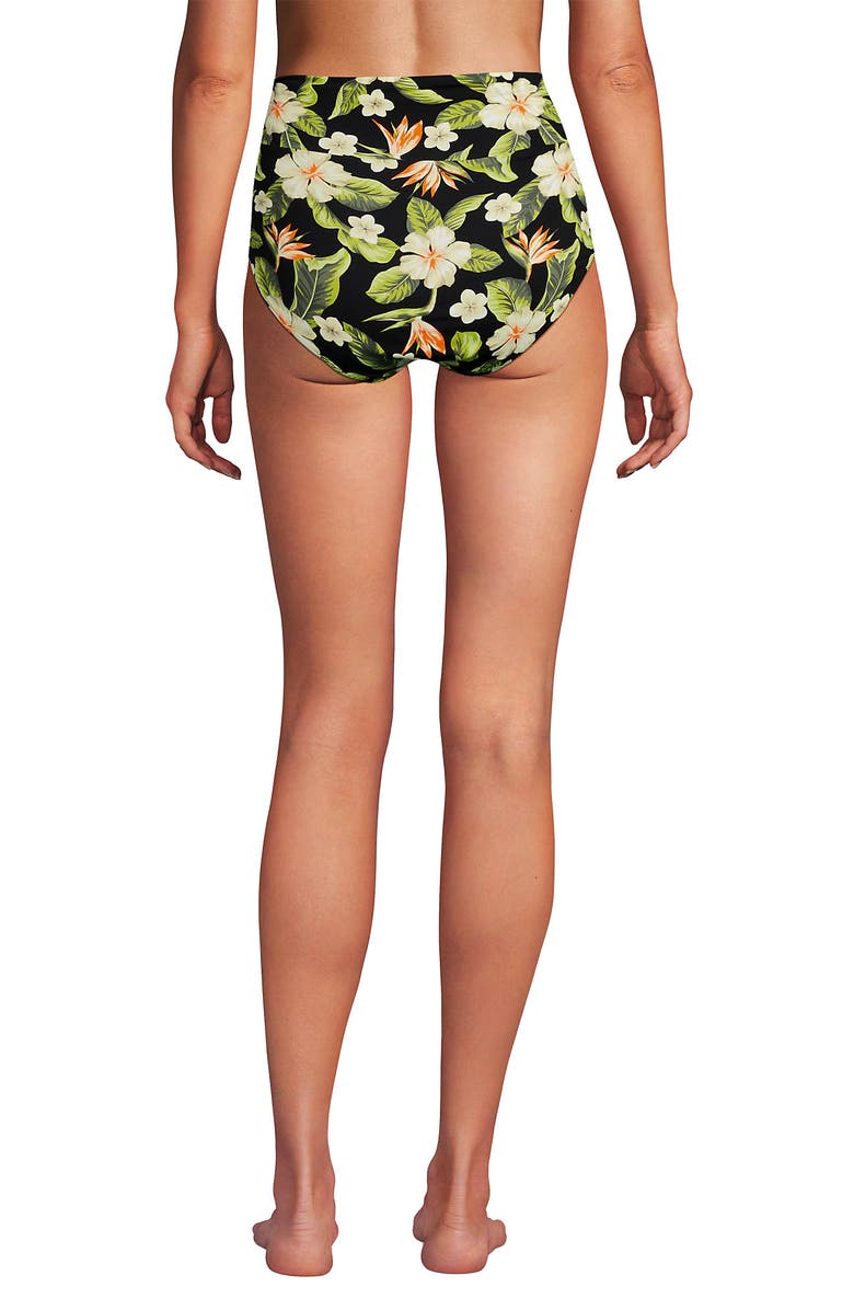 Lands' End Chlorine Resistant Ruched Natural High Waisted Full Coverage Bikini Swim Bottoms, Alternate, color, Hibiscus Floral/Black