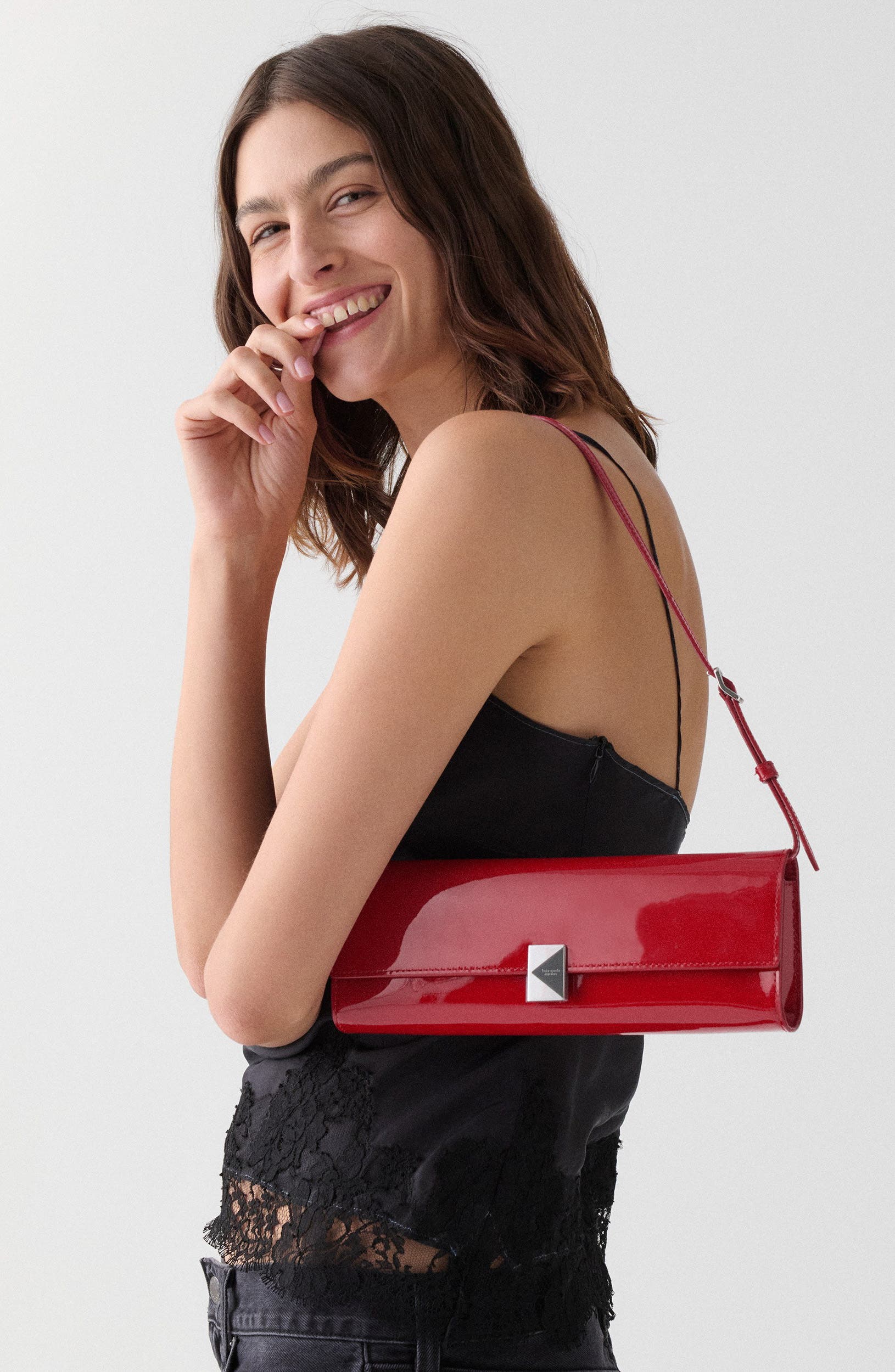 Kate Spade New York mini deco soft patent leather shoulder bag, Alternate, color, Dark Scarlet