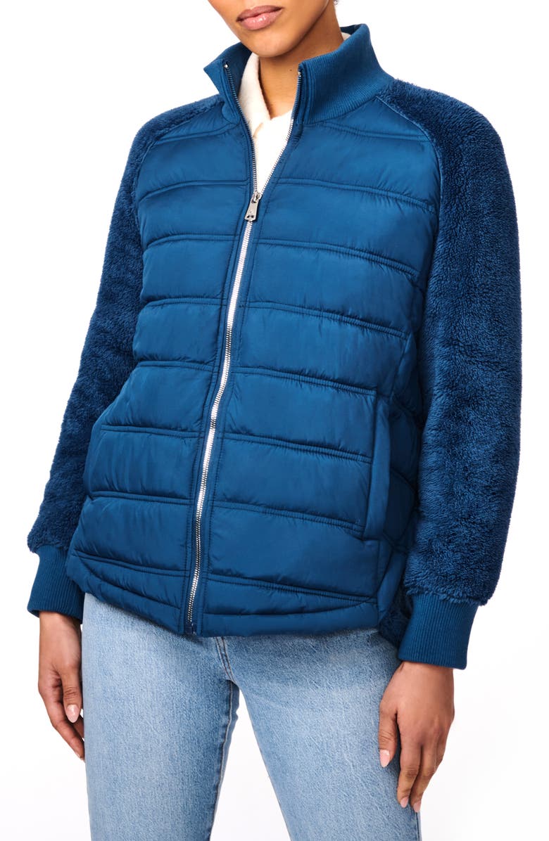 Bernardo Mixed Media Puffer Jacket, Main, color, Teal Wing