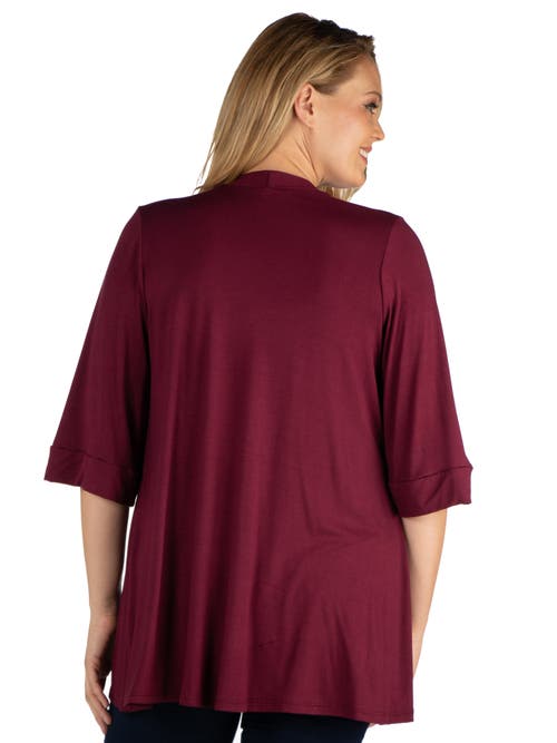 24seven Comfort Apparel Plus Size Elbow Length Sleeve Open Front Cardigan In Burgundy