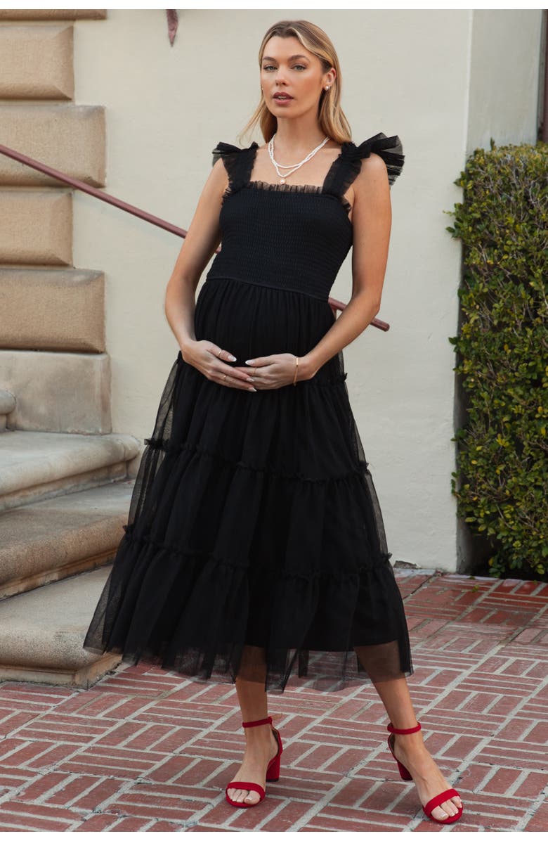 PinkBlush Smocked Mesh Ruffle Accent Midi Dress, Alternate, color, Black