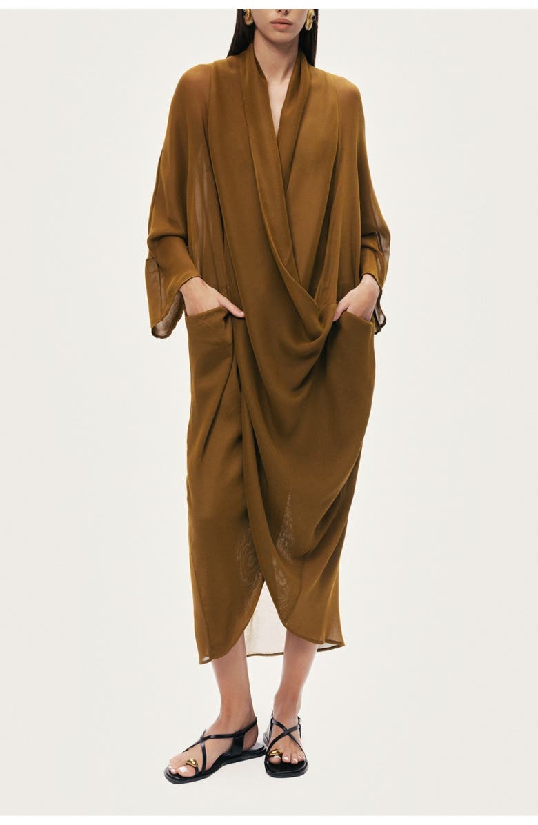 Nocturne Draped V-Neck Midi Dress, Alternate, color, Camel
