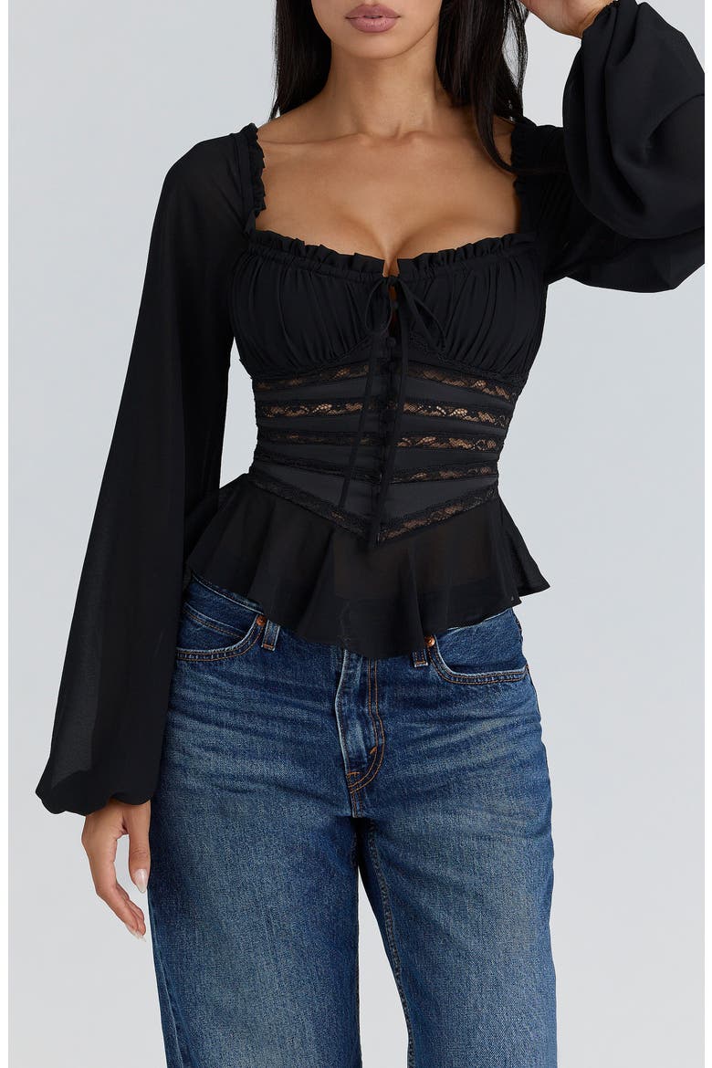 Cara Long Sleeve Georgette Top, Alternate, color, BLACK