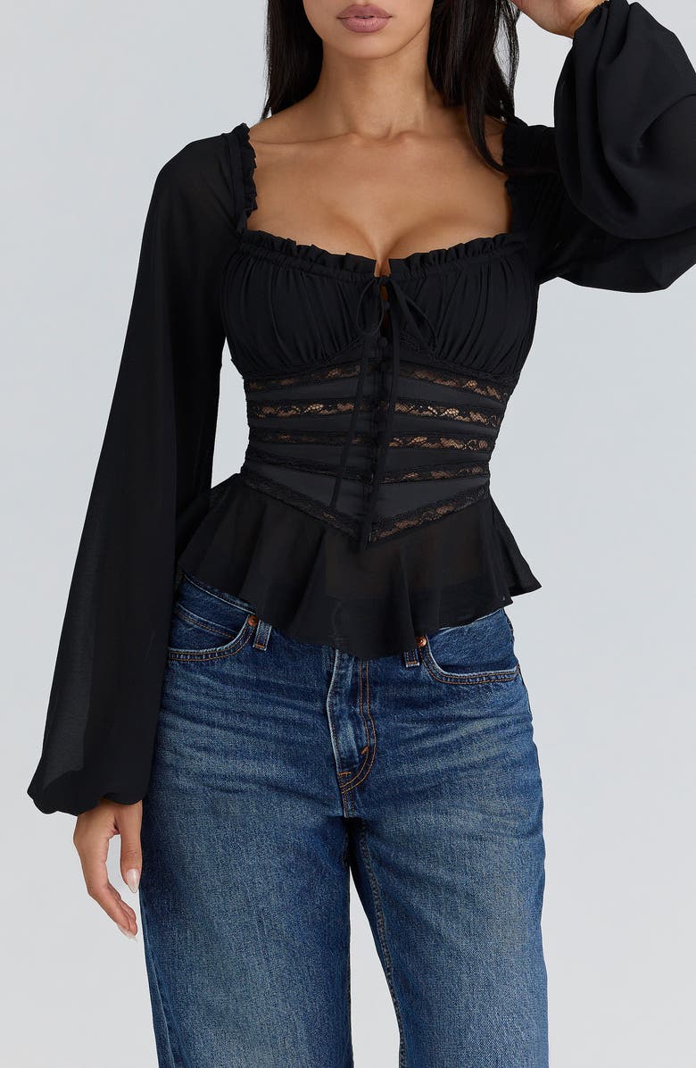 HOUSE OF CB Cara Long Sleeve Georgette Top, Alternate, color, Black