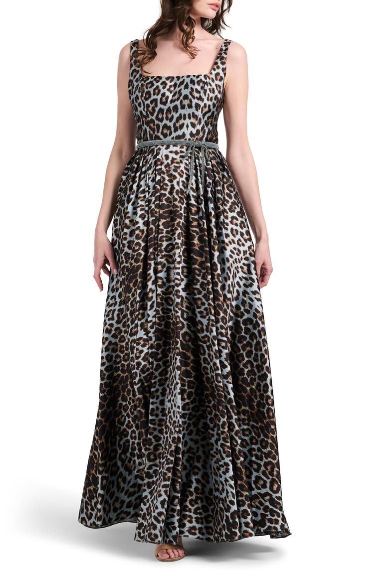 Animal Pleated Square Nek Taffeta Ballgown, Main, color, BLUE MULTI