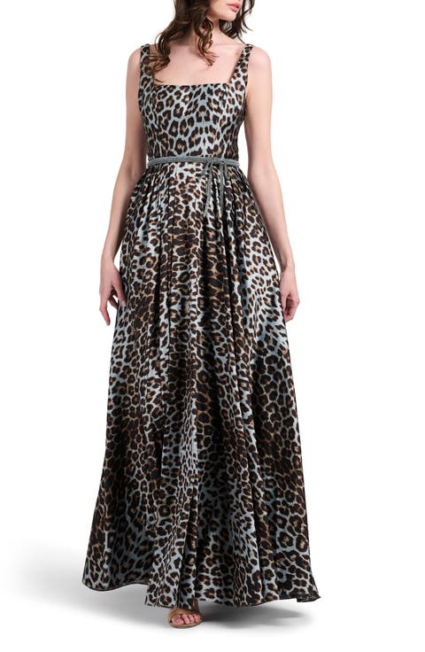 Animal Pleated Square Nek Taffeta Ballgown