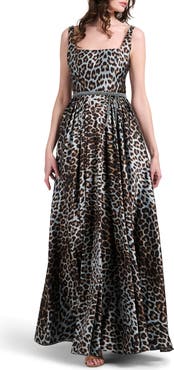 EMILY SHALANT Animal Pleated Square Nek Taffeta Ballgown