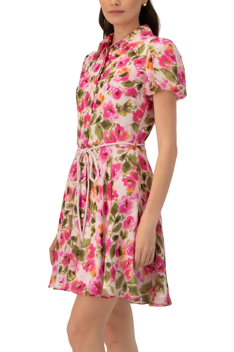 Short Floral Shirt Dress with Waist Tie, Alternate, color, Multicolor-Pink