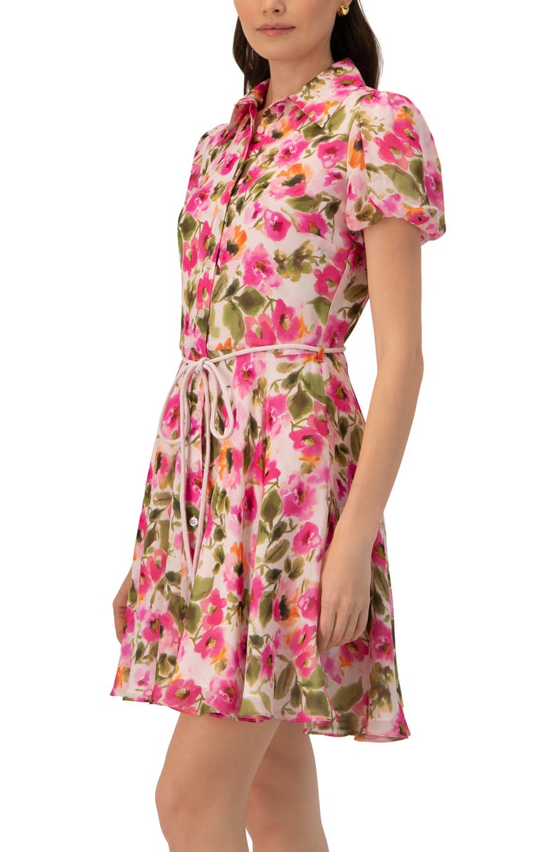 IVONNE Short Floral Shirt Dress with Waist Tie, Alternate, color, Multicolor-Pink