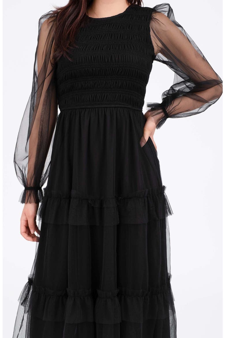 Long Sleeve Tulle Maxi Dress, Alternate, color, BLACK