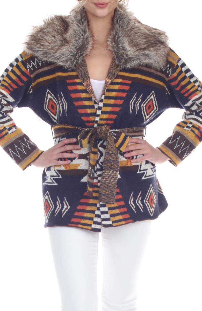 RAIN AND ROSE Geometric Faux Fur Trim Cardigan, Main, color, Blue Multi