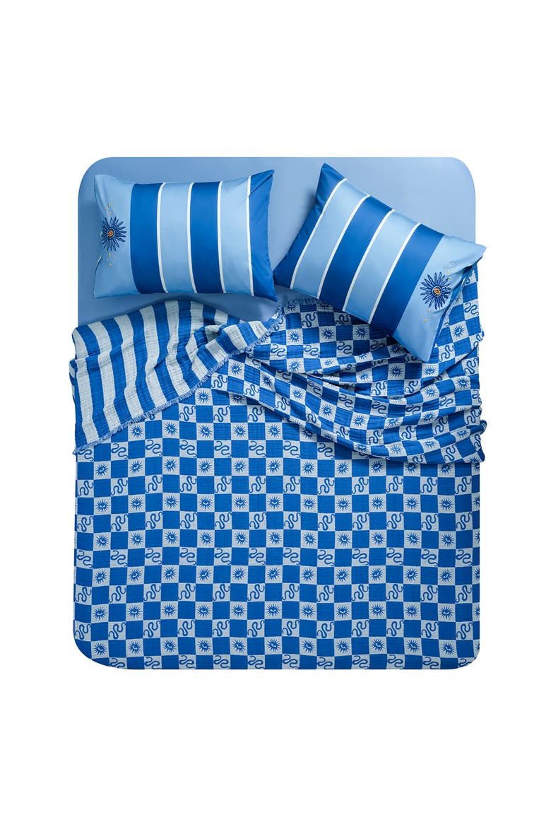 Costa Geometric Jacquard Fringed Oversiezed King Coverlet, Alternate, color, Medium Blue