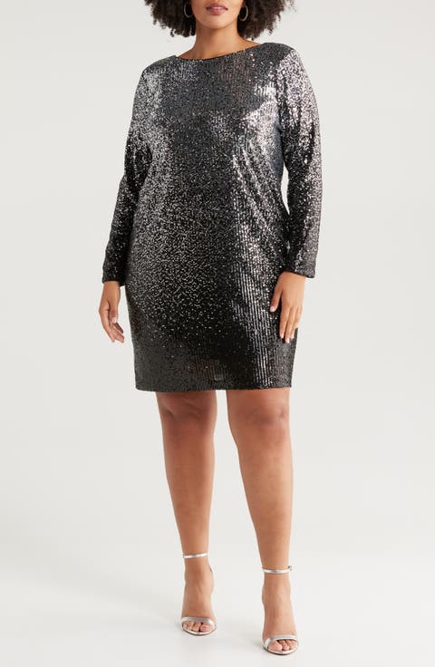 Long Sleeve Sequin Cocktail Minidress (Plus)