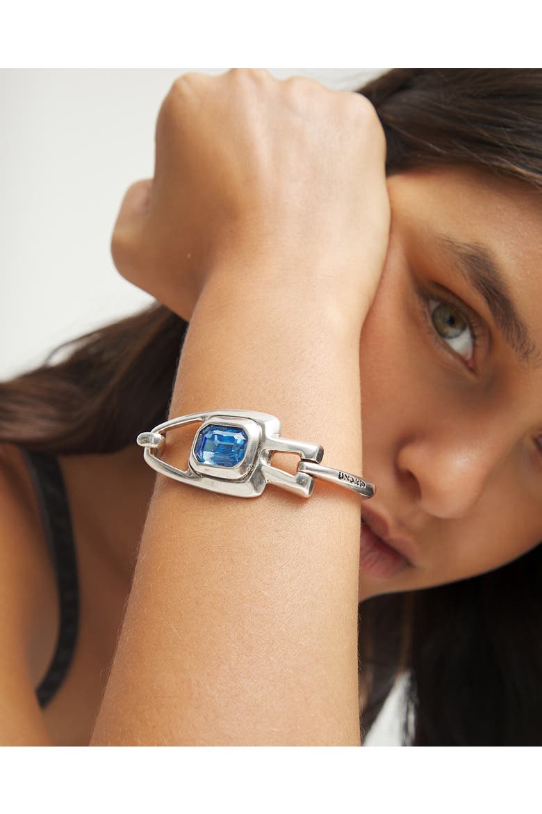 Silver-Tone Sculptural Bracelet with Blue Crystal, Alternate, color, Silver