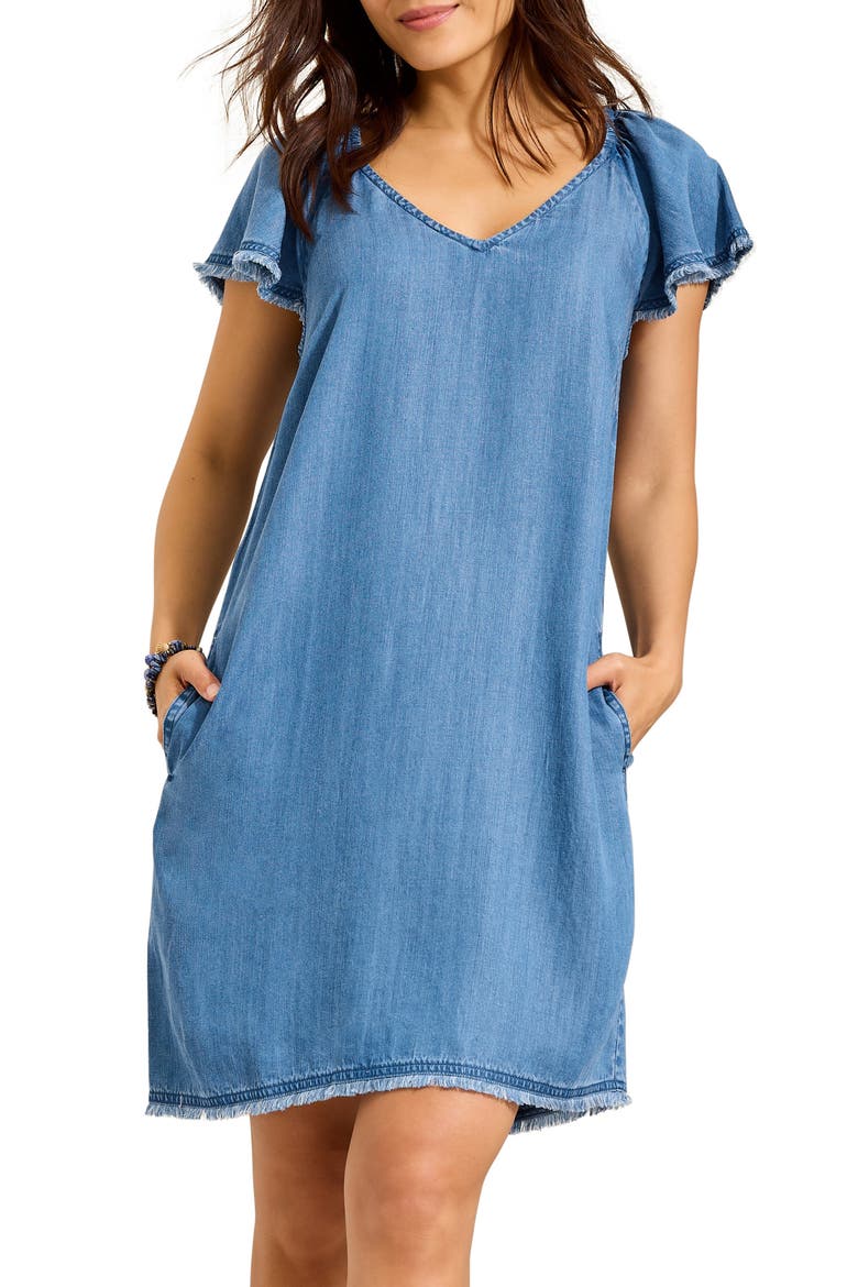 Flutter Sleeve Fray Chambray Minidress, Alternate, color, MEDIUM INDIGO WASH