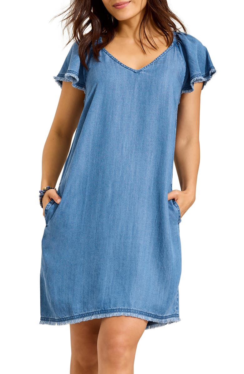 Tommy Bahama Flutter Sleeve Fray Chambray Minidress, Alternate, color, Medium Indigo Wash