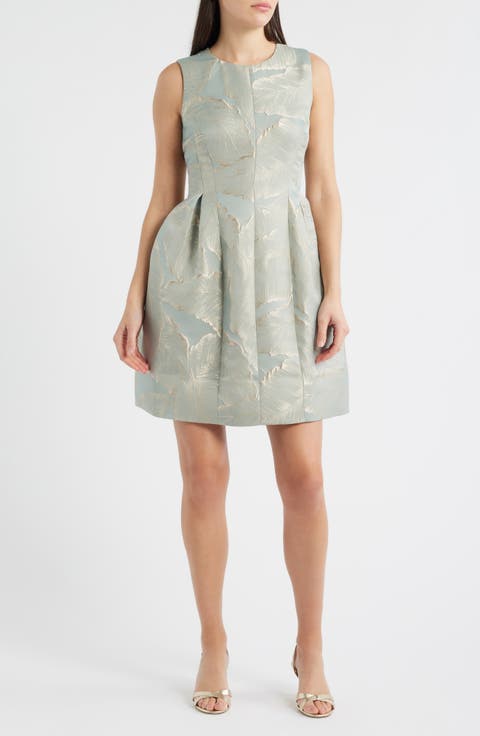 Leaf Jacquard Sleeveless Fit & Flare Dress