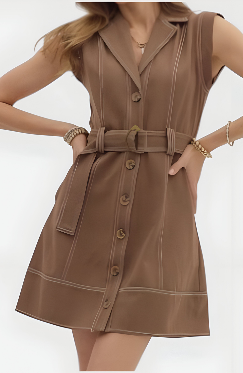 Modenaire Sleeveless Button Front Mini Dress with Notched Collar and Belted Waist, Alternate, color,