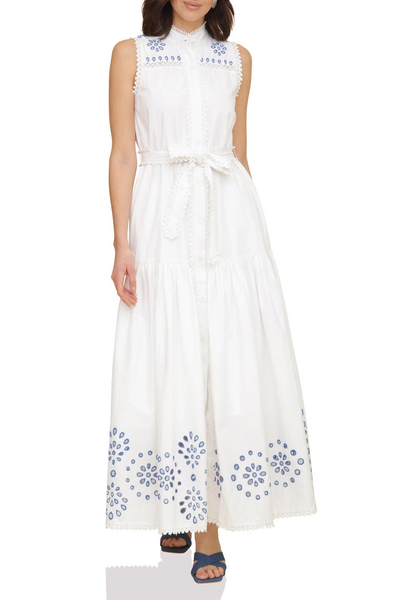Eyelet Embroidery Sleeveless Maxi Dress, Alternate, color, WHITE BLUE