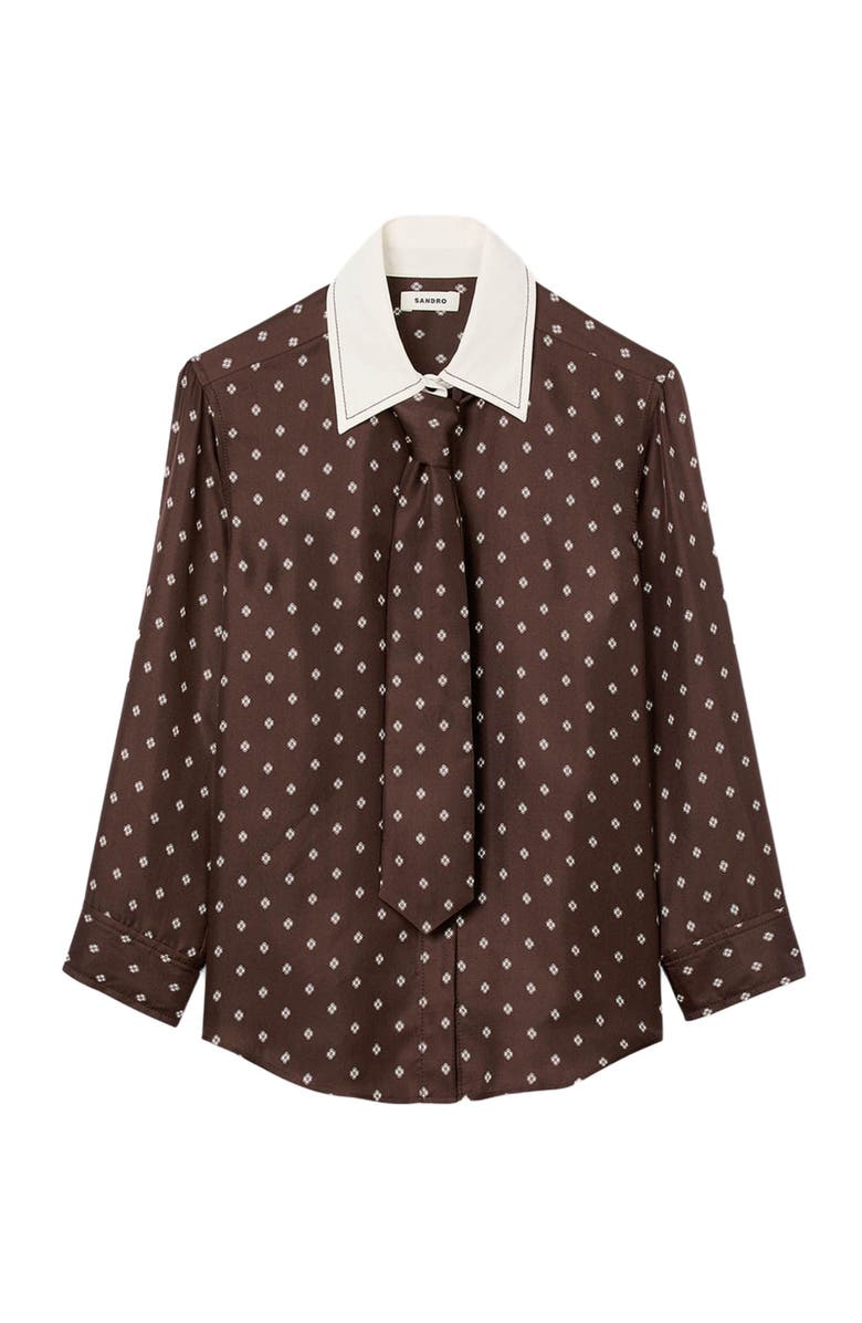 SANDRO Flowy printed shirt with removable tie, Alternate, color, Brown / White