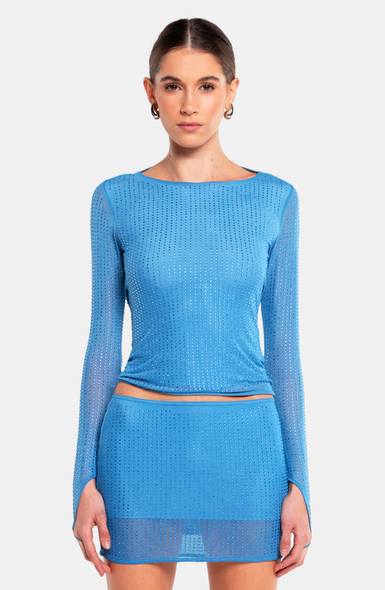 OW Collection MESHA Rhinestone Blouse, Main, color, Blue Rhinestone