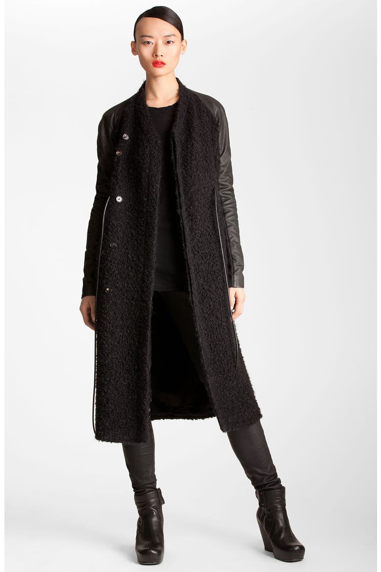 Long Leather Trim Coat, Alternate, color, BLACK