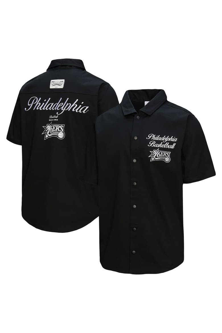Men's Mitchell & Ness Black Philadelphia 76ers Hardwood Classics Camp Shirt, Main, color, Black