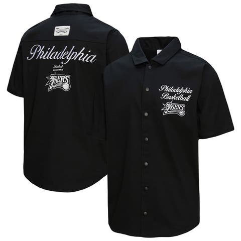 Men's Mitchell & Ness Black Philadelphia 76ers Hardwood Classics Camp Shirt