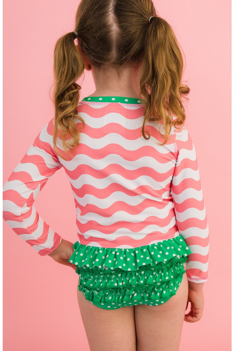 Kids' Bubblegum Wavy Stripe Long Sleeve Peplum UPF 50+ Two-Piece Rashguard Swimsuit, Alternate, color, PINK