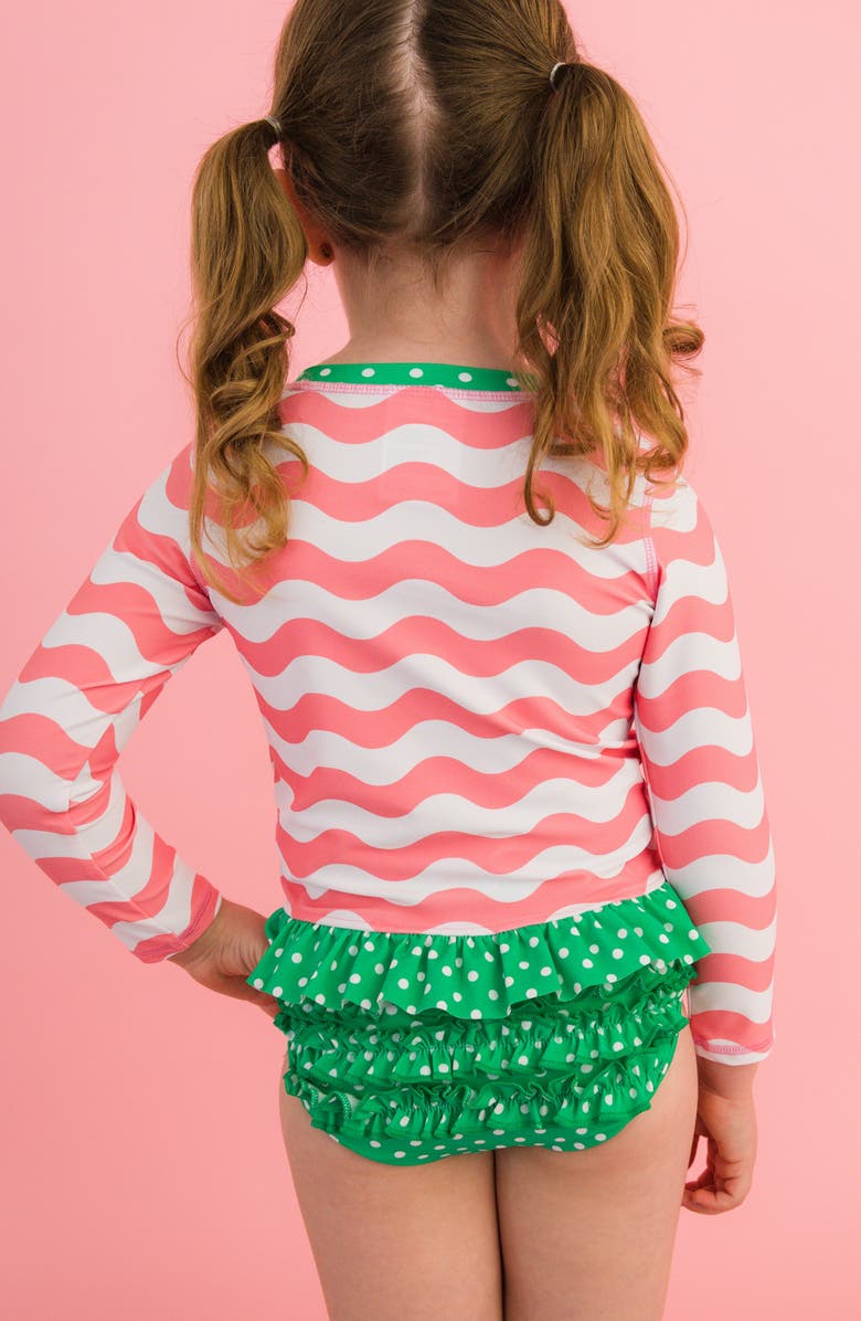 RuffleButts Kids' Bubblegum Wavy Stripe Long Sleeve Peplum UPF 50+ Two-Piece Rashguard Swimsuit, Alternate, color, Pink
